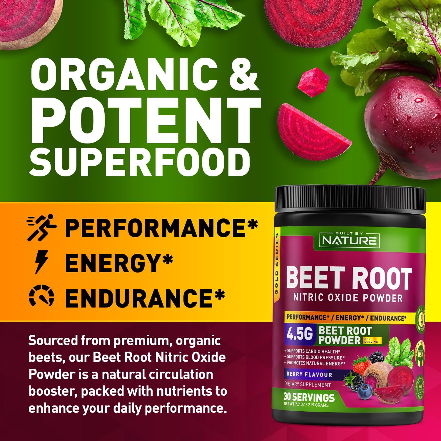 Organic Beet Root Nitric Oxide Powder Supplement for Circulation, Energy, and Heart Health - Vegan, Non-GMO - Berry Flavor - 30 Servings