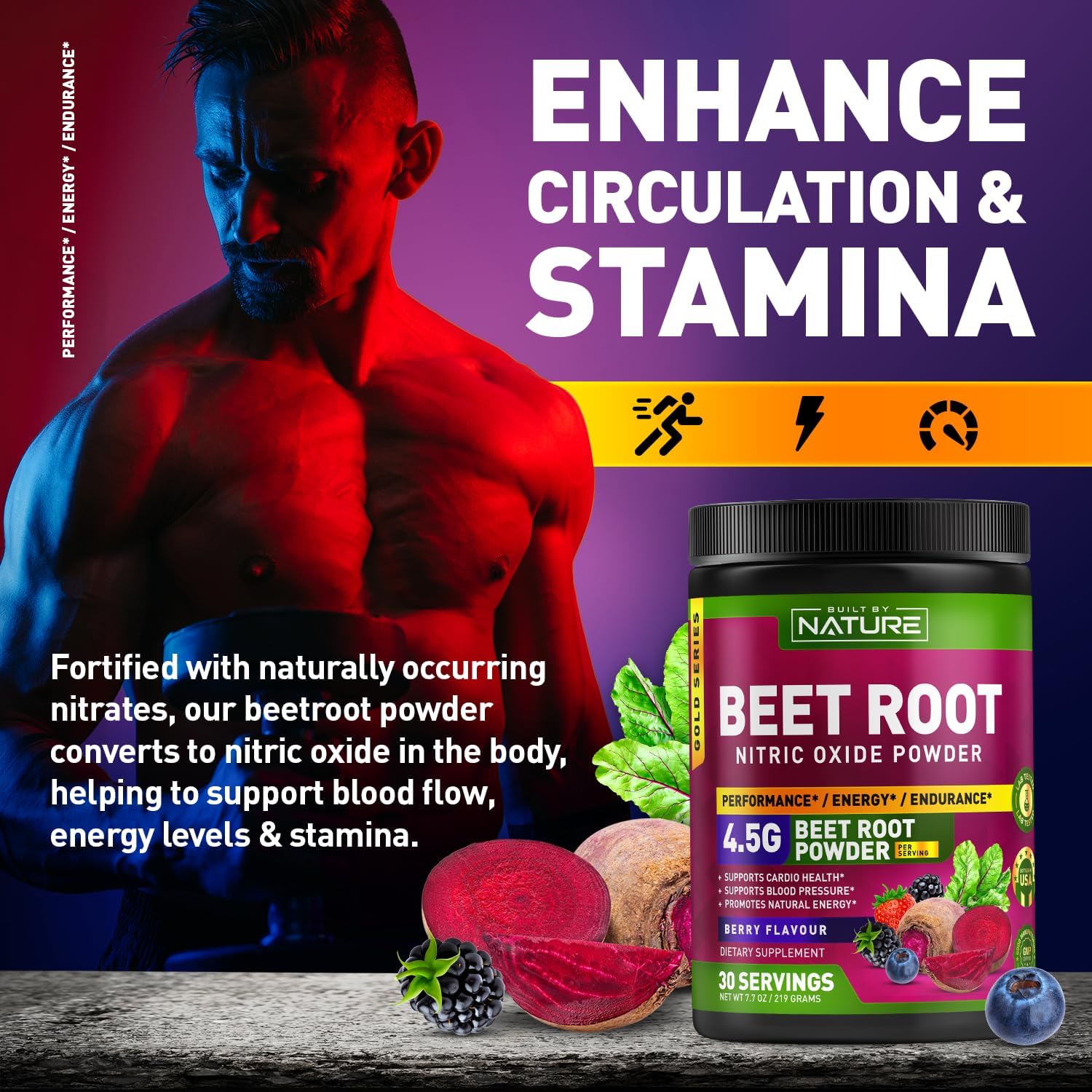 Organic Beet Root Nitric Oxide Powder Supplement for Circulation, Energy, and Heart Health - Vegan, Non-GMO - Berry Flavor - 30 Servings