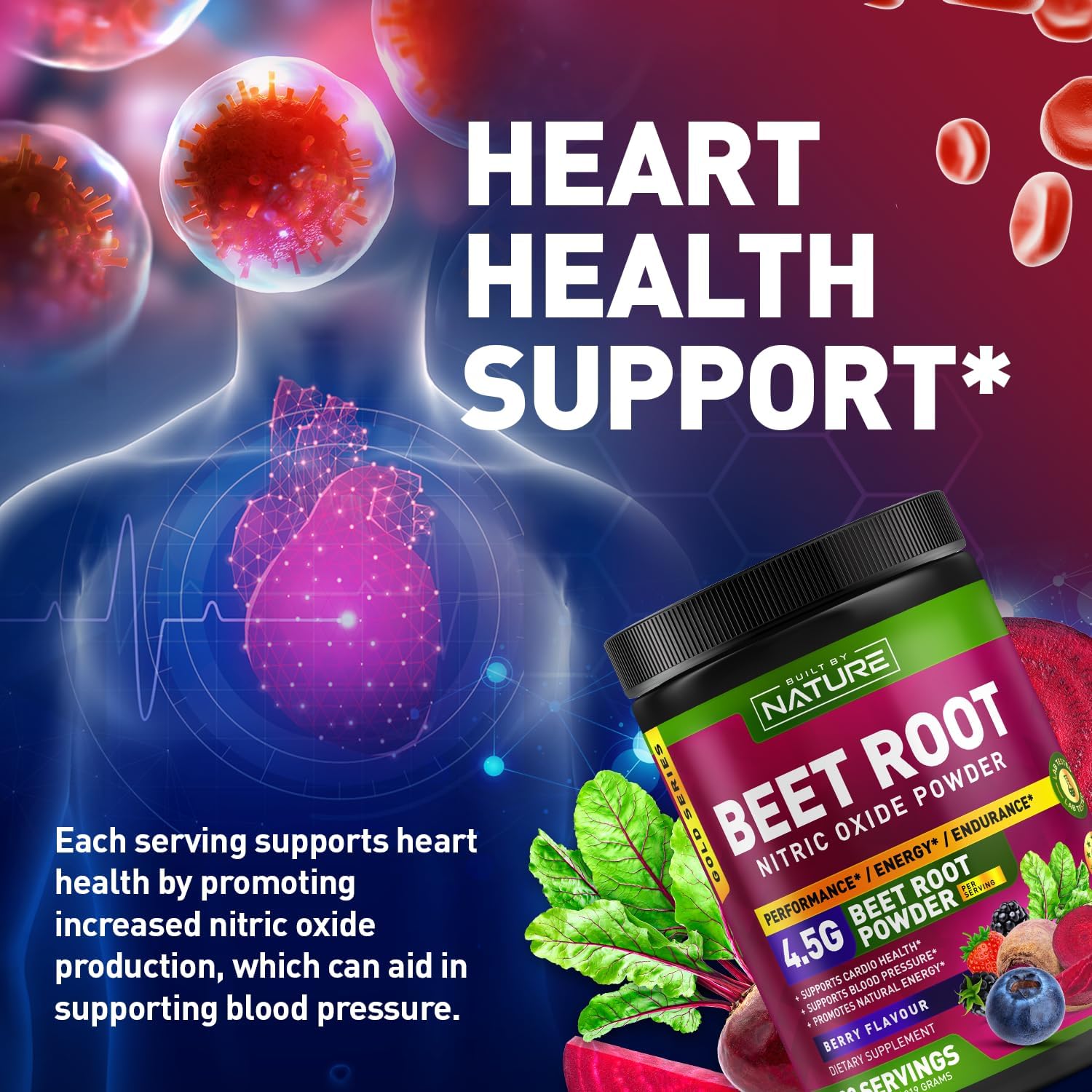 Organic Beet Root Nitric Oxide Powder Supplement for Circulation, Energy, and Heart Health - Vegan, Non-GMO - Berry Flavor - 30 Servings