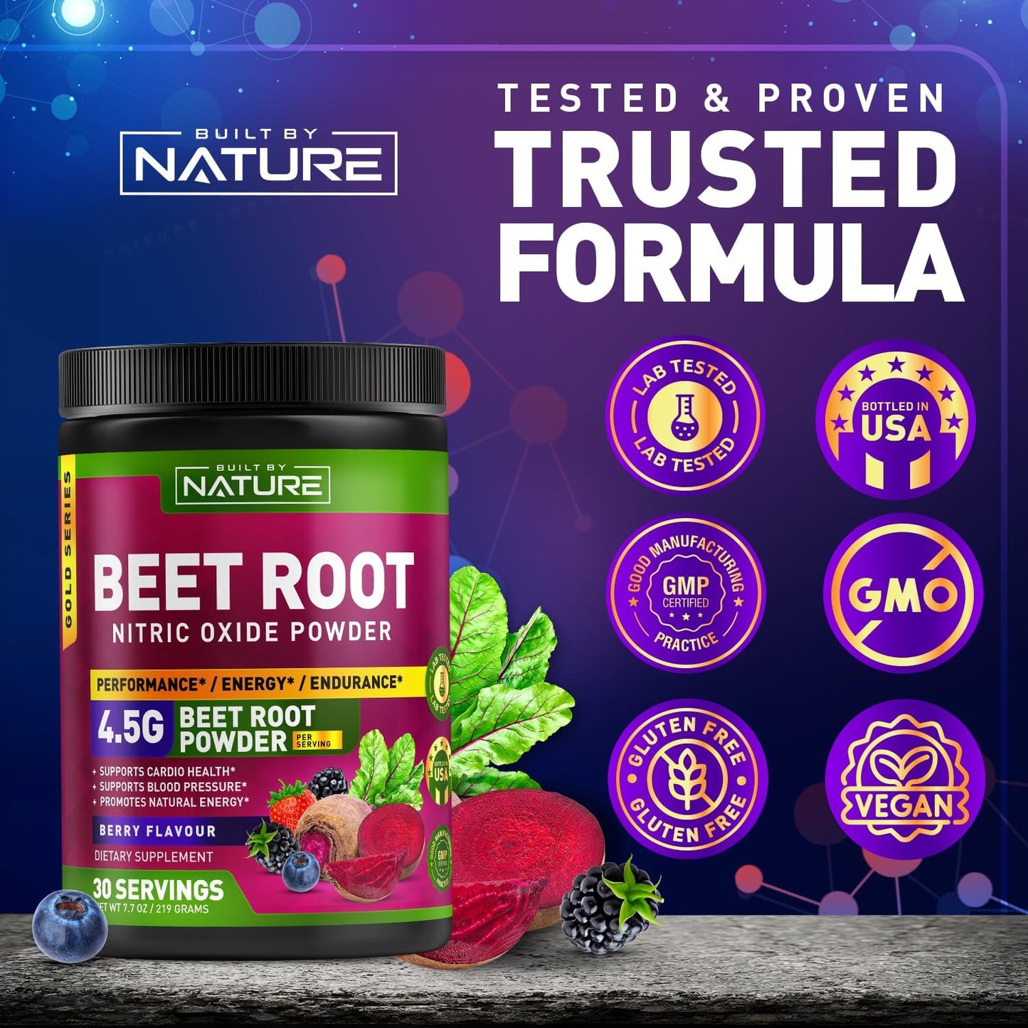 Organic Beet Root Nitric Oxide Powder Supplement for Circulation, Energy, and Heart Health - Vegan, Non-GMO - Berry Flavor - 30 Servings