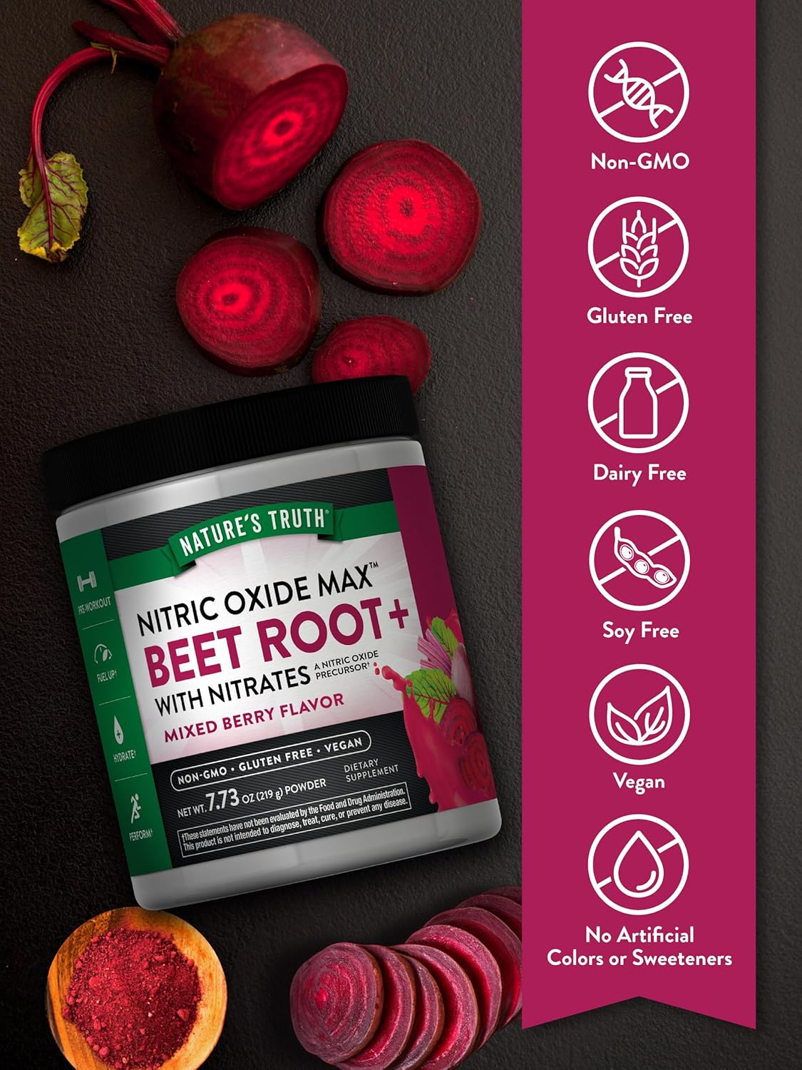 Organic Beet Root Powder 7.73 oz - Nitric Oxide Supplement for Men & Women - Vegan, Non-GMO, Gluten-Free - Mixed Berry Flavor