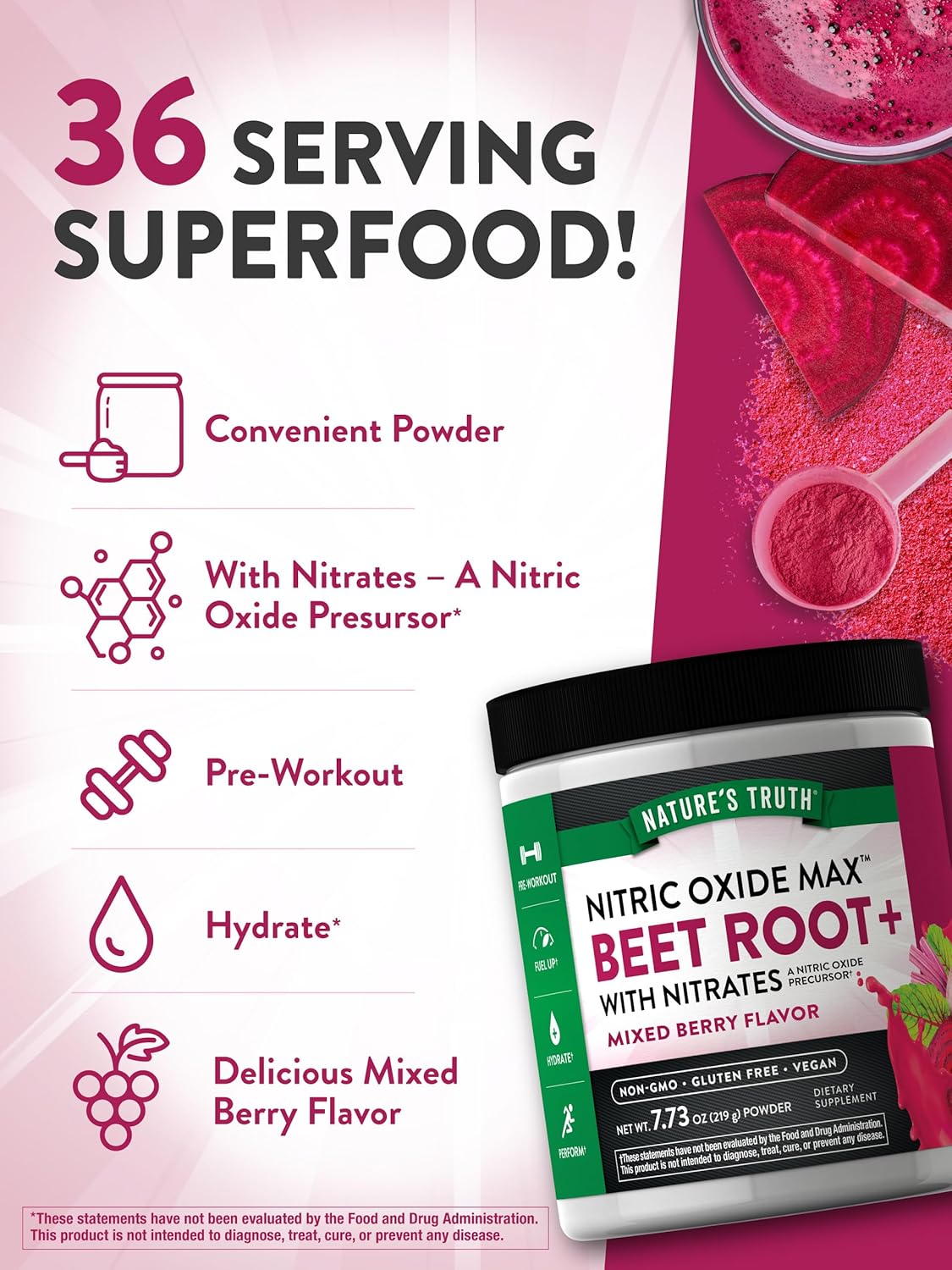 Organic Beet Root Powder 7.73 oz - Nitric Oxide Supplement for Men & Women - Vegan, Non-GMO, Gluten-Free - Mixed Berry Flavor