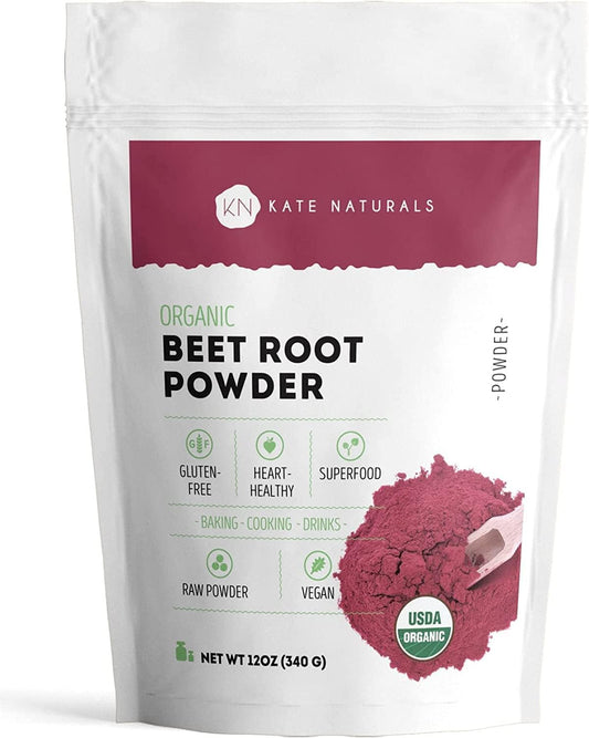Organic Beet Root Powder for Baking, Smoothies, and Pre-Workout Energy Boosts (12 oz) - USDA Certified Gluten-Free Beetroot Supplement by Kate Naturals
