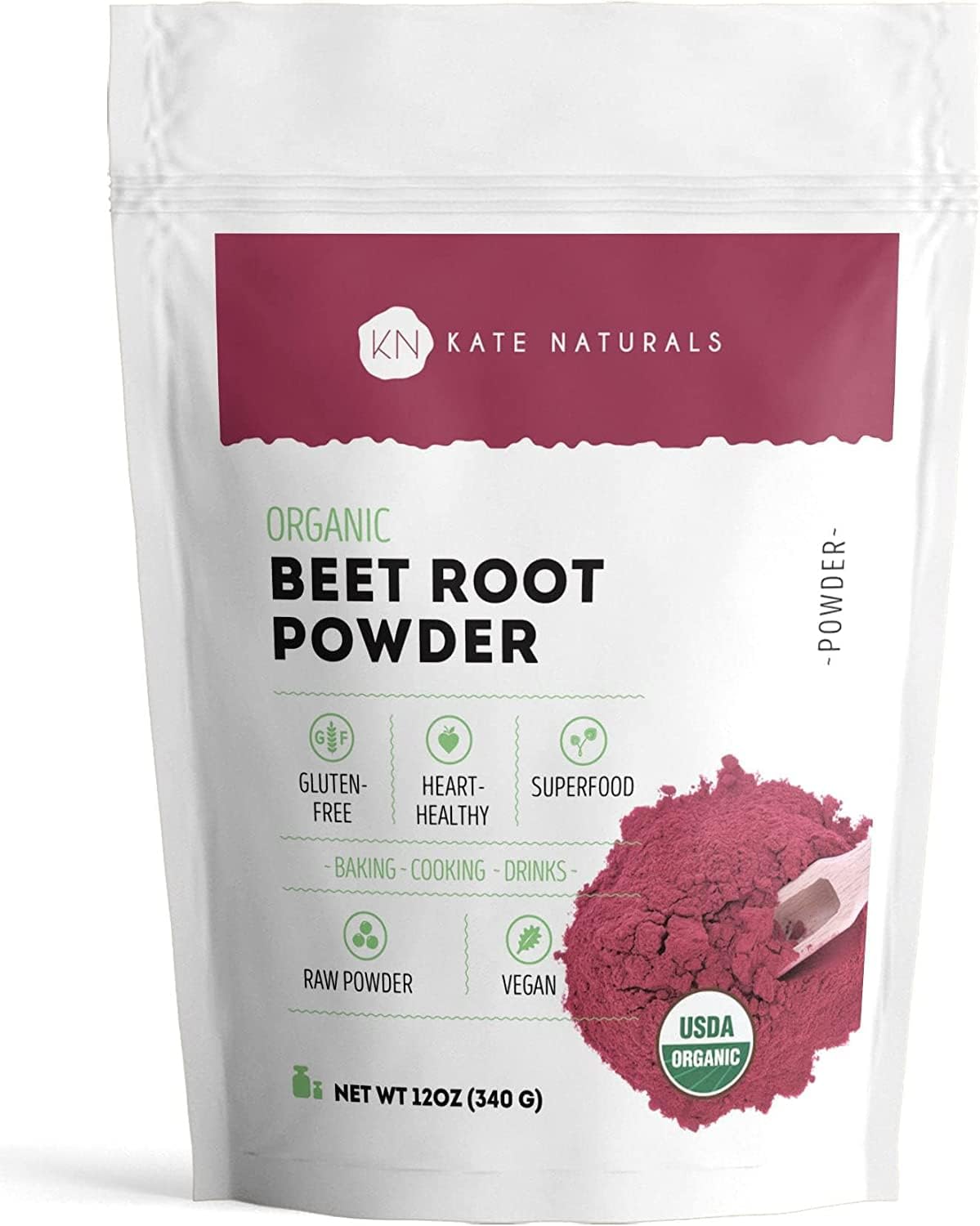 Organic Beet Root Powder for Baking, Smoothies, and Pre-Workout Energy Boosts (12 oz) - USDA Certified Gluten-Free Beetroot Supplement by Kate Naturals