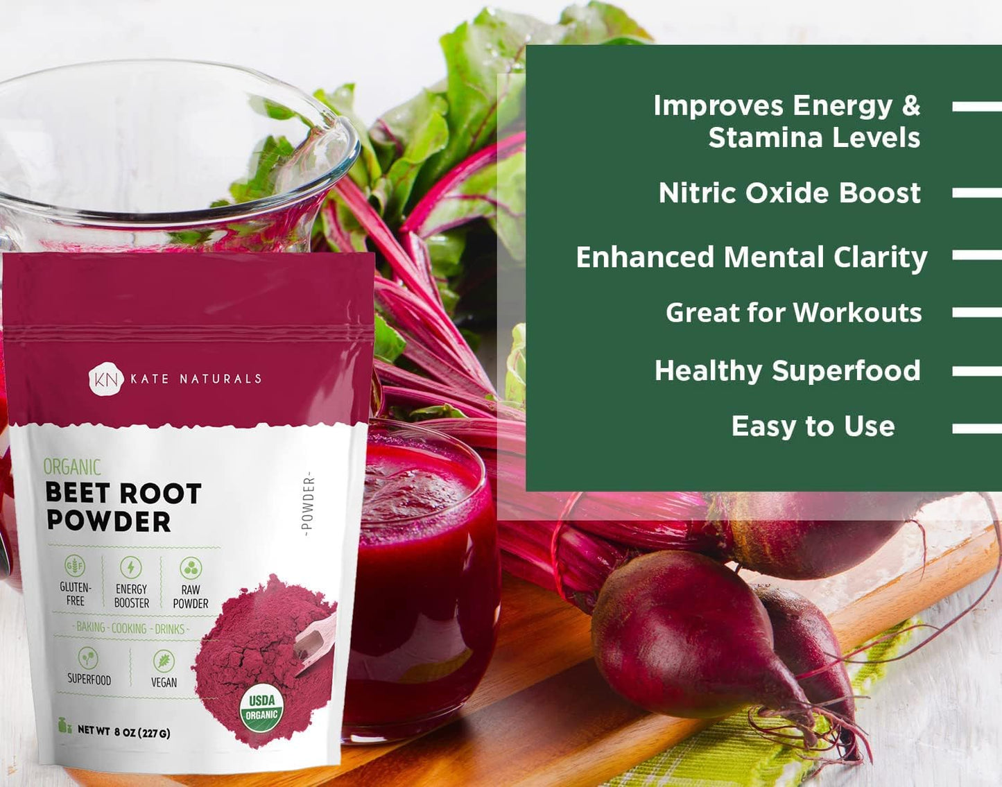 Organic Beet Root Powder for Baking, Smoothies, and Pre-Workout Energy Boosts (12 oz) - USDA Certified Gluten-Free Beetroot Supplement by Kate Naturals