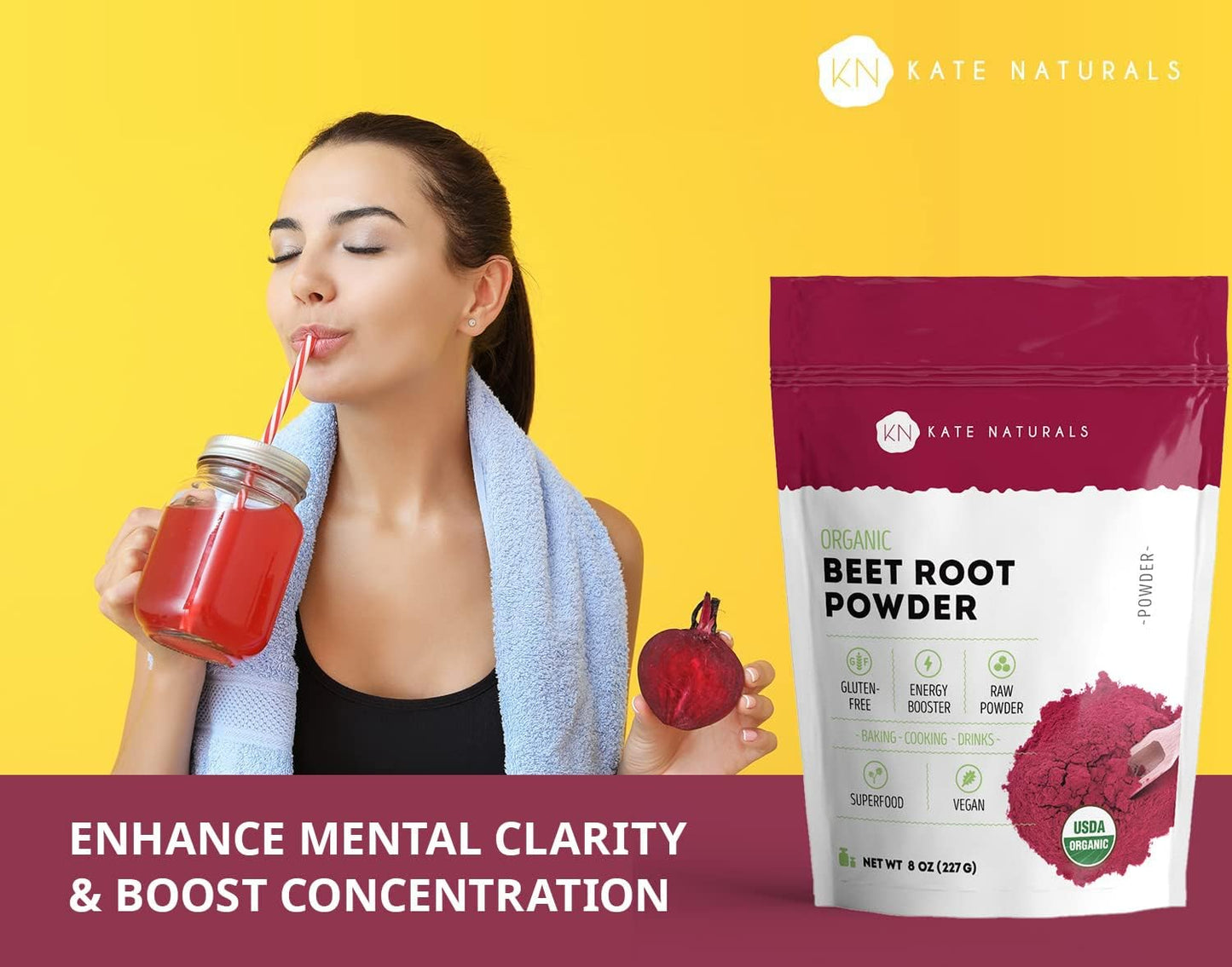 Organic Beet Root Powder for Baking, Smoothies, and Pre-Workout Energy Boosts (12 oz) - USDA Certified Gluten-Free Beetroot Supplement by Kate Naturals