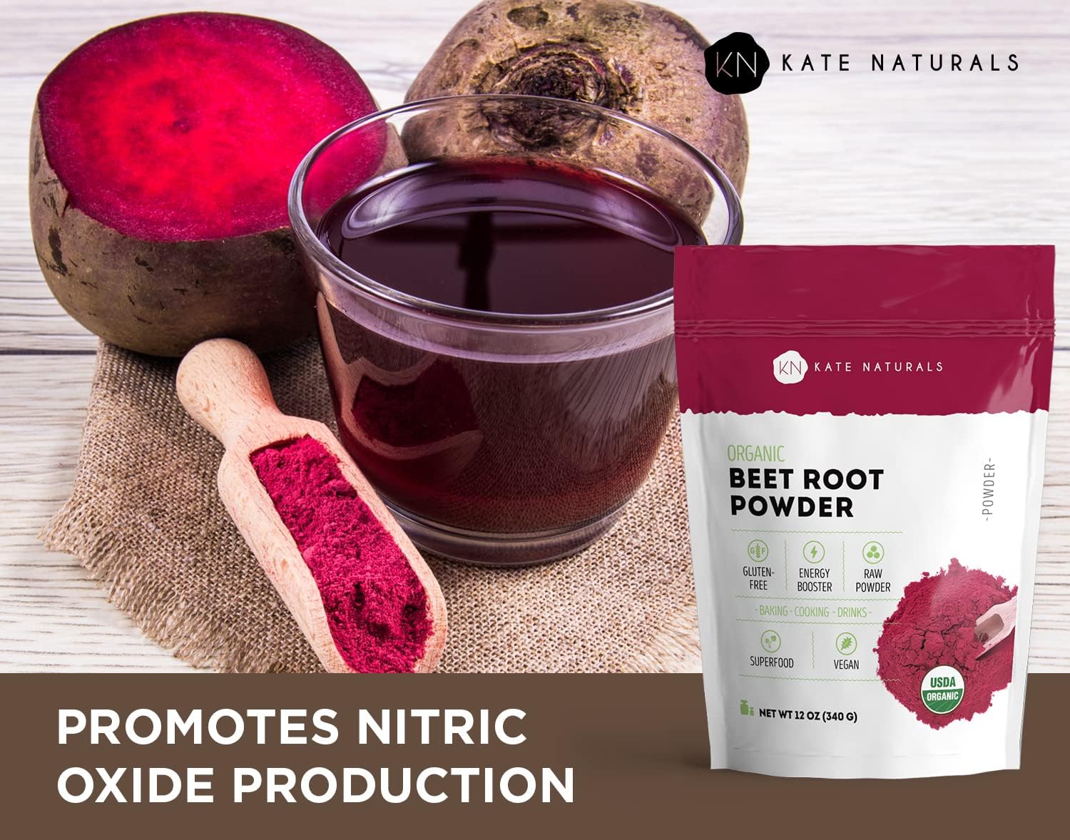 Organic Beet Root Powder for Baking, Smoothies, and Pre-Workout Energy Boosts (12 oz) - USDA Certified Gluten-Free Beetroot Supplement by Kate Naturals