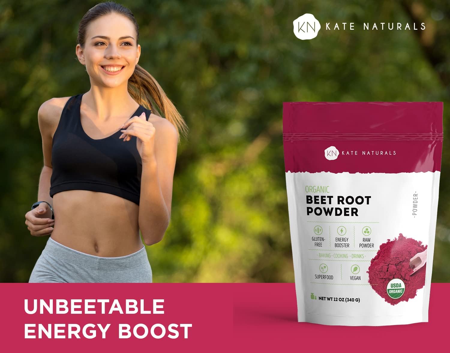 Organic Beet Root Powder for Baking, Smoothies, and Pre-Workout Energy Boosts (12 oz) - USDA Certified Gluten-Free Beetroot Supplement by Kate Naturals