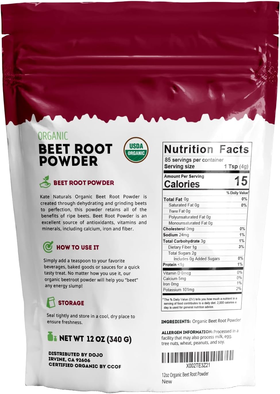 Organic Beet Root Powder for Baking, Smoothies, and Pre-Workout Energy Boosts (12 oz) - USDA Certified Gluten-Free Beetroot Supplement by Kate Naturals