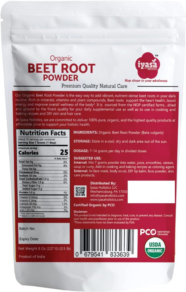Organic Beet Root Powder for Nitric Oxide Boost and Blood Circulation Support - 8 oz Vegan Superfood