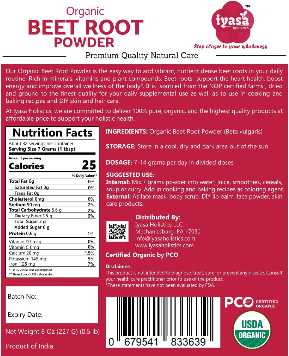 Organic Beet Root Powder for Nitric Oxide Boost and Blood Circulation Support - 8 oz Vegan Superfood