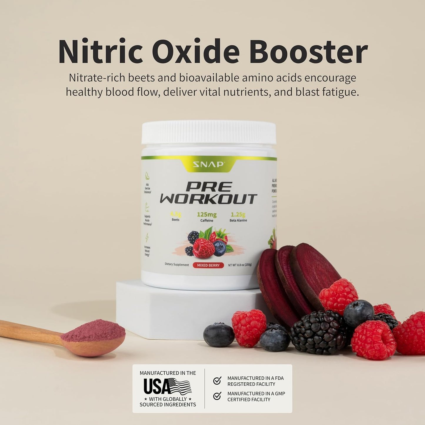 Organic Beet Root Powder Pre Workout Supplement for Energy & Heart Health, Nitric Oxide Boost, Mixed Berry Flavor, 30 Servings