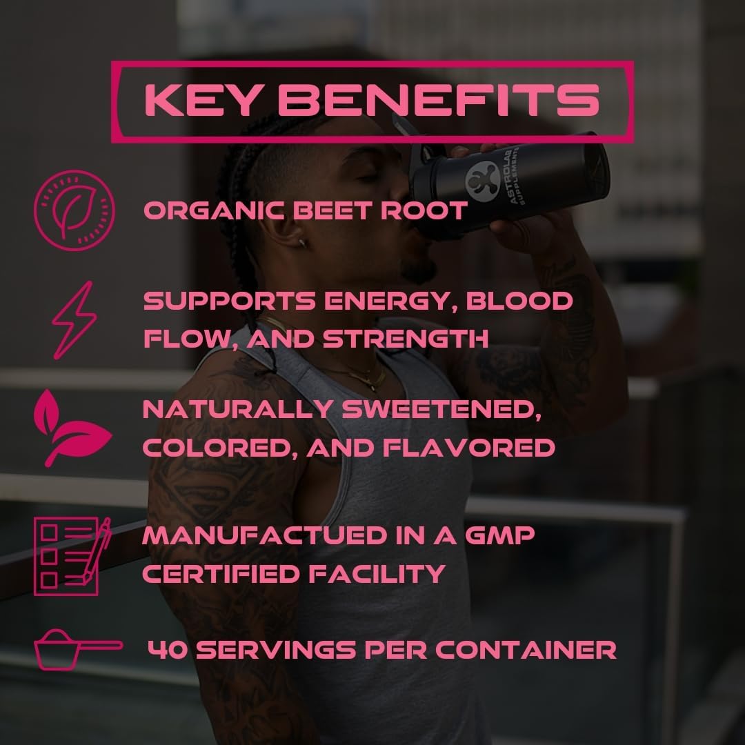 Organic Beet Root Powder Pre-Workout Supplement with Light Watermelon Flavor - 300mg Caffeine, L-Citrulline, Beta-Alanine - Naturally Sweetened, Sugar-Free - AstroLab Supplements