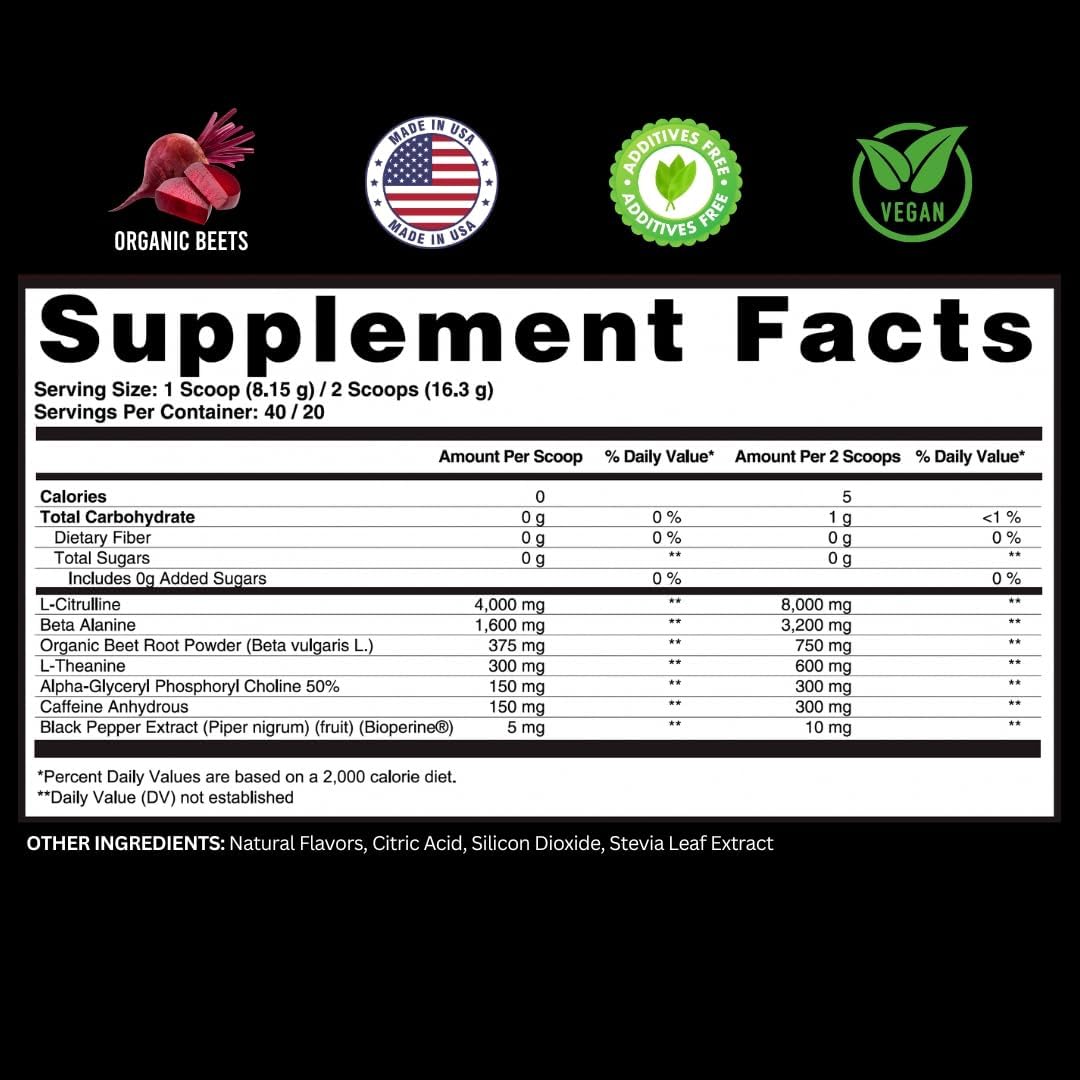 Organic Beet Root Powder Pre-Workout Supplement with Light Watermelon Flavor - 300mg Caffeine, L-Citrulline, Beta-Alanine - Naturally Sweetened, Sugar-Free - AstroLab Supplements