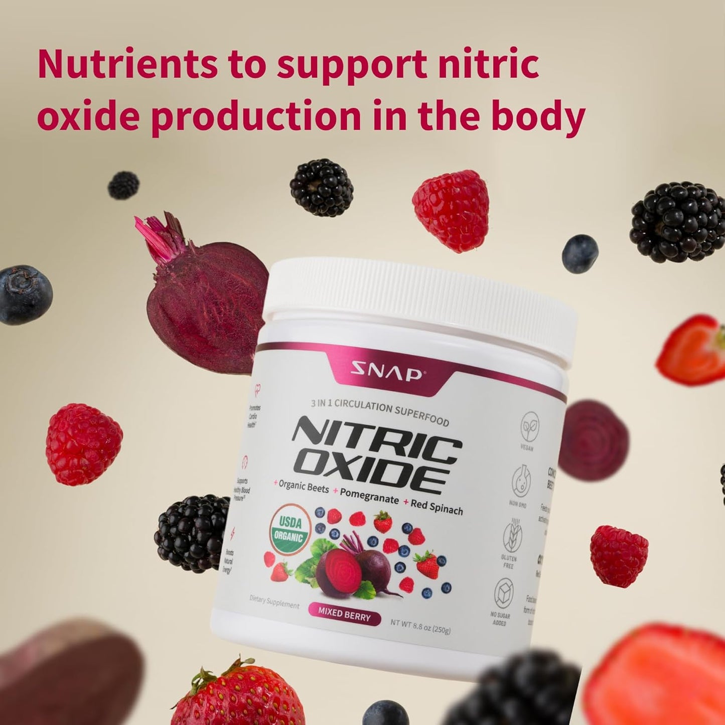 Organic Beet Root Powder Supplement for Energy & Heart Health - Nitric Oxide Superfood with B Vitamins, Pomegranate & Red Spinach - Mixed Berry Flavor, 30 Servings