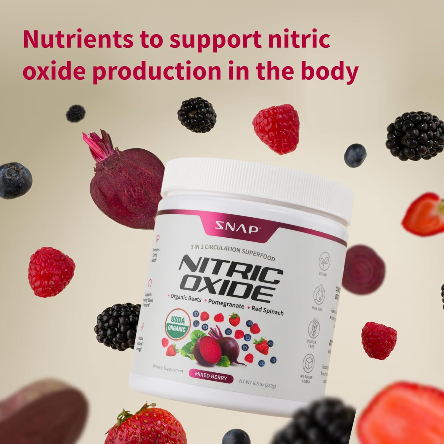Organic Beet Root Powder Supplement for Energy & Heart Health - Nitric Oxide Superfood with B Vitamins, Pomegranate & Red Spinach - Mixed Berry Flavor, 30 Servings