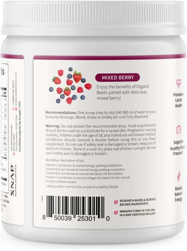 Organic Beet Root Powder Supplement for Energy & Heart Health - Nitric Oxide Superfood with B Vitamins, Pomegranate & Red Spinach - Mixed Berry Flavor, 30 Servings