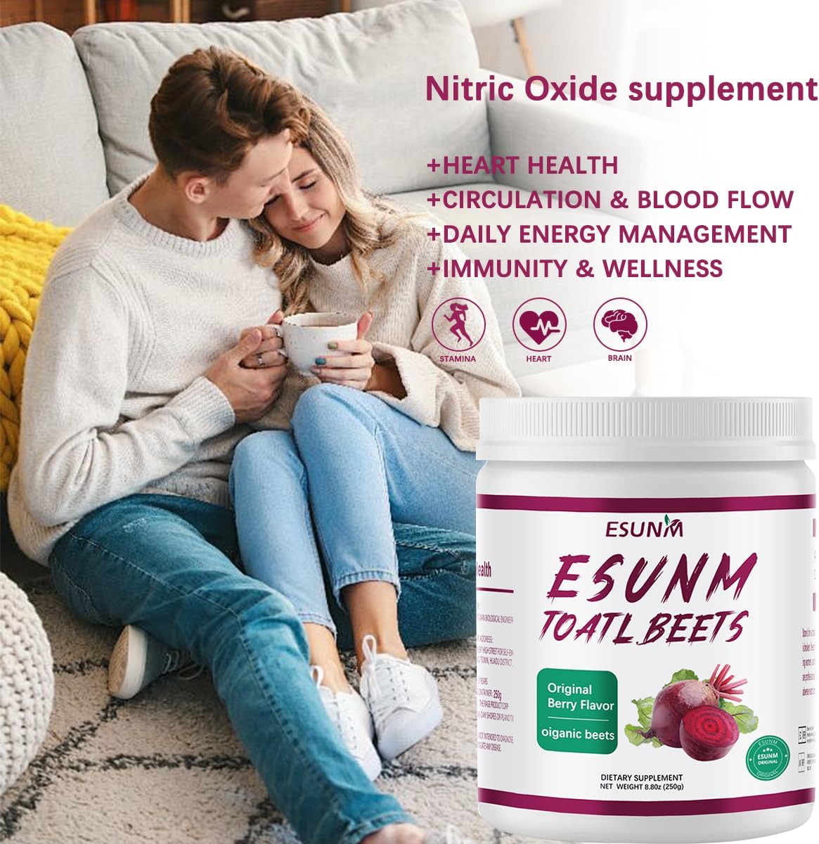 Organic Beet Root Powder Supplement for Men, Promotes Healthy Blood Pressure & Circulation - Berry Flavor