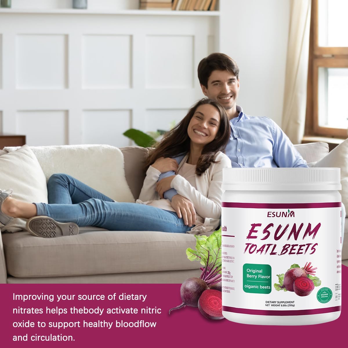 Organic Beet Root Powder Supplement for Men, Promotes Healthy Blood Pressure & Circulation - Berry Flavor
