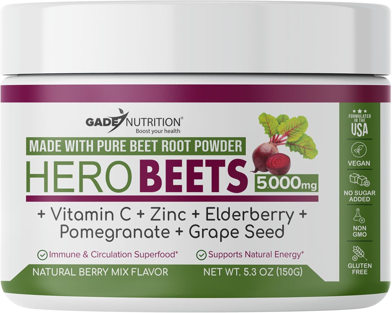 Organic Beet Root Powder with Elderberry and Pomegranate - Nitric Oxide Boost for Heart Health - Non-GMO Superfood Supplement with Natural Berry Flavor