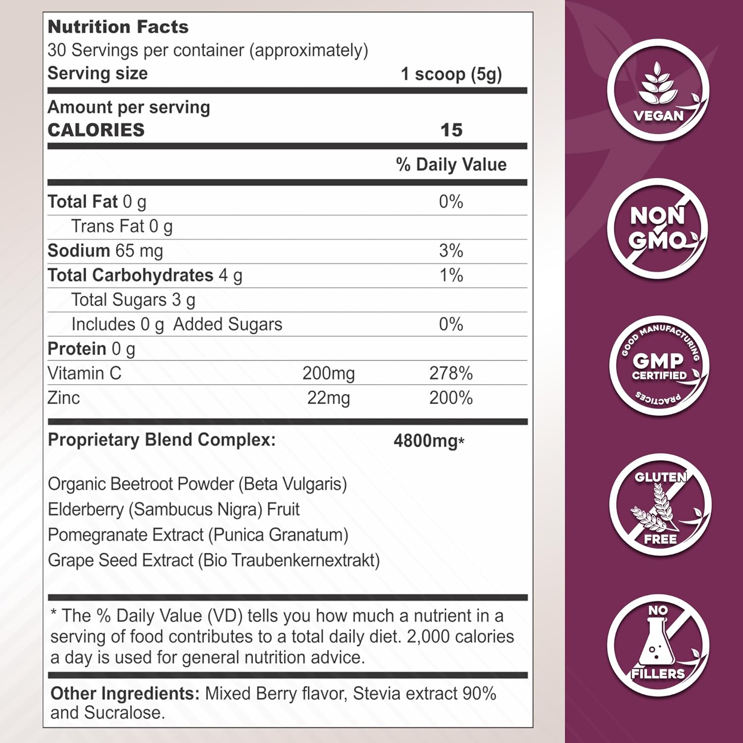 Organic Beet Root Powder with Elderberry and Pomegranate - Nitric Oxide Boost for Heart Health - Non-GMO Superfood Supplement with Natural Berry Flavor
