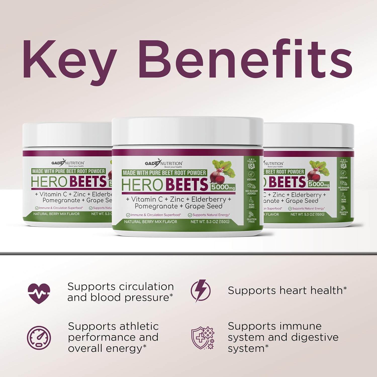 Organic Beet Root Powder with Elderberry and Pomegranate - Nitric Oxide Boost for Heart Health - Non-GMO Superfood Supplement with Natural Berry Flavor