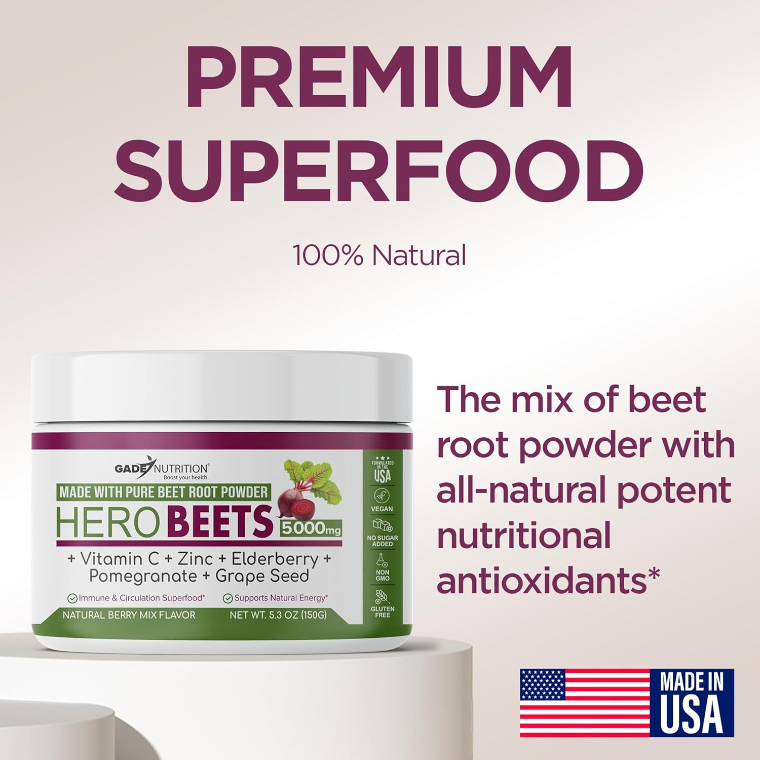 Organic Beet Root Powder with Elderberry and Pomegranate - Nitric Oxide Boost for Heart Health - Non-GMO Superfood Supplement with Natural Berry Flavor