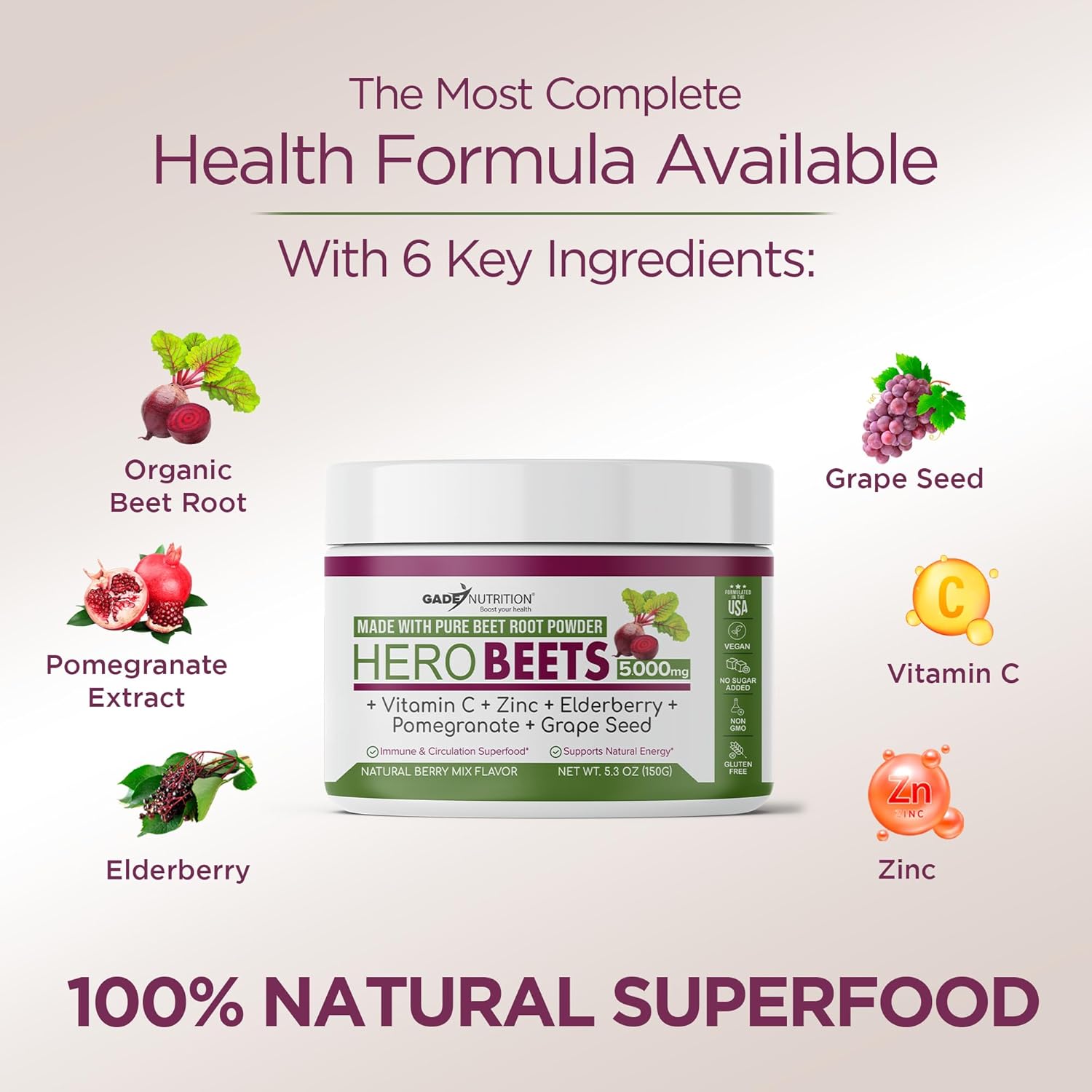 Organic Beet Root Powder with Elderberry and Pomegranate - Nitric Oxide Boost for Heart Health - Non-GMO Superfood Supplement with Natural Berry Flavor