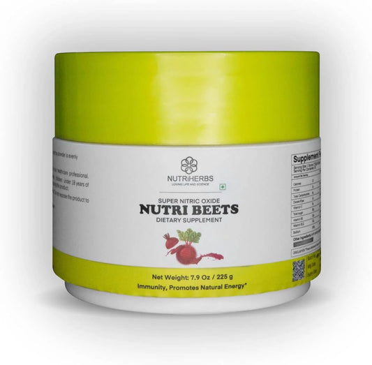 Organic Beet Root Powder with Pomegranate & Red Spinach for Heart Health - 225g | Cardiovascular Booster for Energy & Blood Pressure Support | Nutriherbs Super Nitric Oxide Nutri Beets