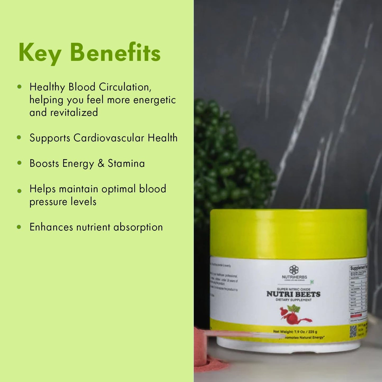 Organic Beet Root Powder with Pomegranate & Red Spinach for Heart Health - 225g | Cardiovascular Booster for Energy & Blood Pressure Support | Nutriherbs Super Nitric Oxide Nutri Beets