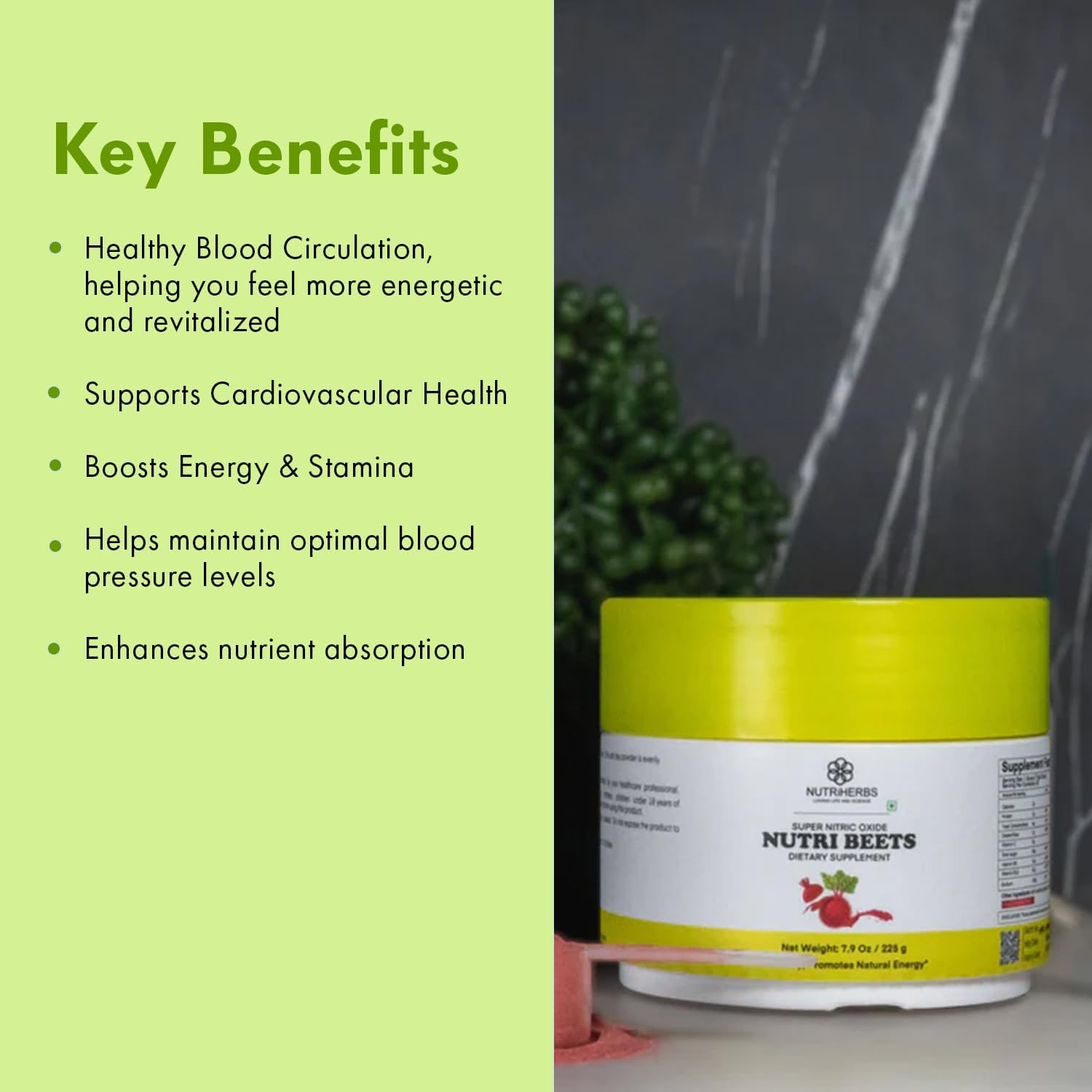 Organic Beet Root Powder with Pomegranate & Red Spinach for Heart Health - 225g | Cardiovascular Booster for Energy & Blood Pressure Support | Nutriherbs Super Nitric Oxide Nutri Beets