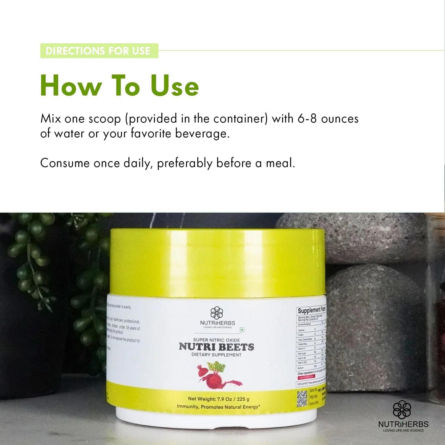 Organic Beet Root Powder with Pomegranate & Red Spinach for Heart Health - 225g | Cardiovascular Booster for Energy & Blood Pressure Support | Nutriherbs Super Nitric Oxide Nutri Beets