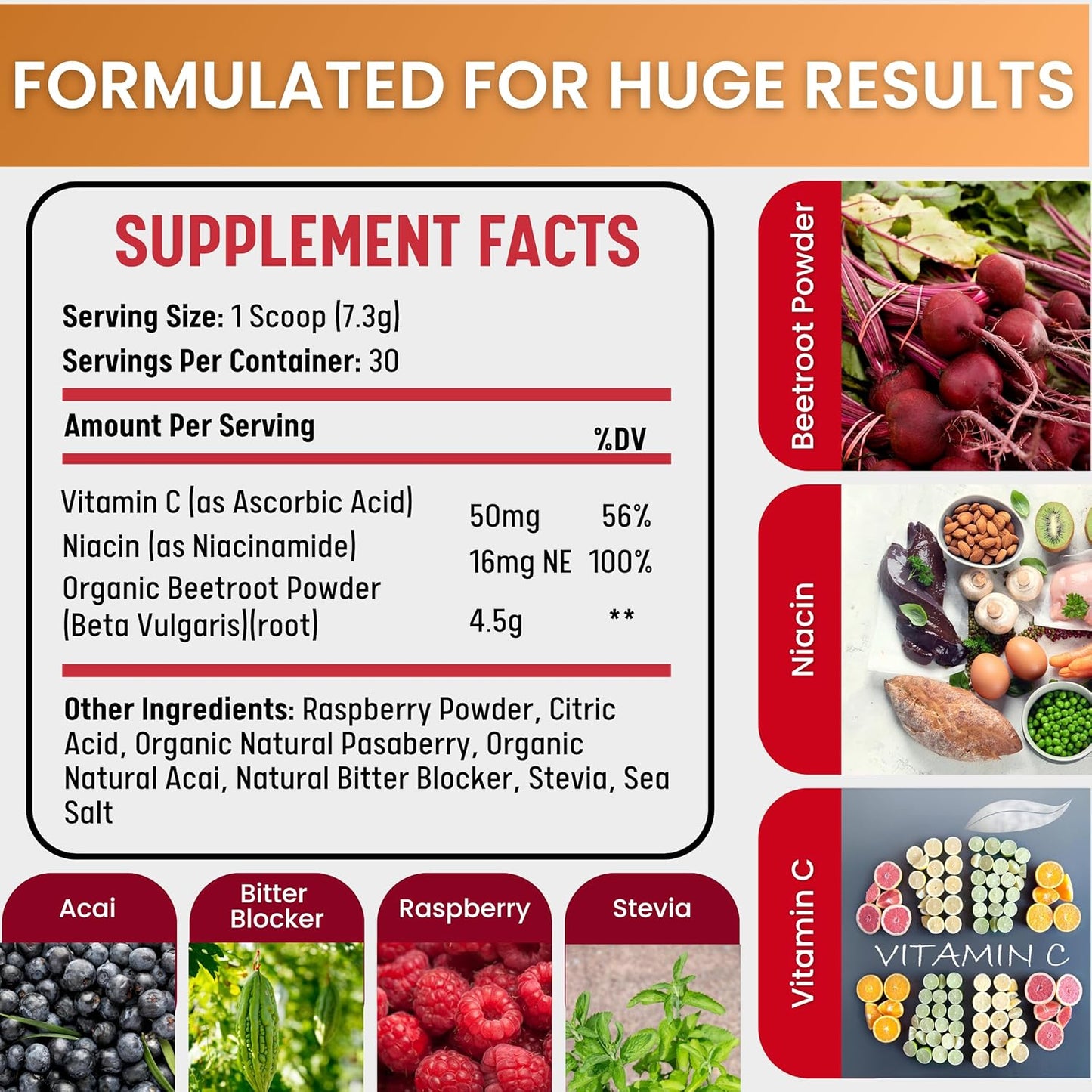 Organic Beet Root Powder with Raspberry & Acai - Berry Flavored Superfood Supplement with Vitamin C & Niacin - 30 Day Supply