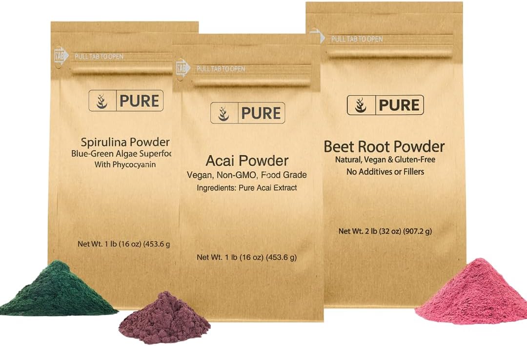 Organic Beet Root, Spirulina, and Acai Powder Bundle - Non GMO Herbal Supplements in Various Sizes