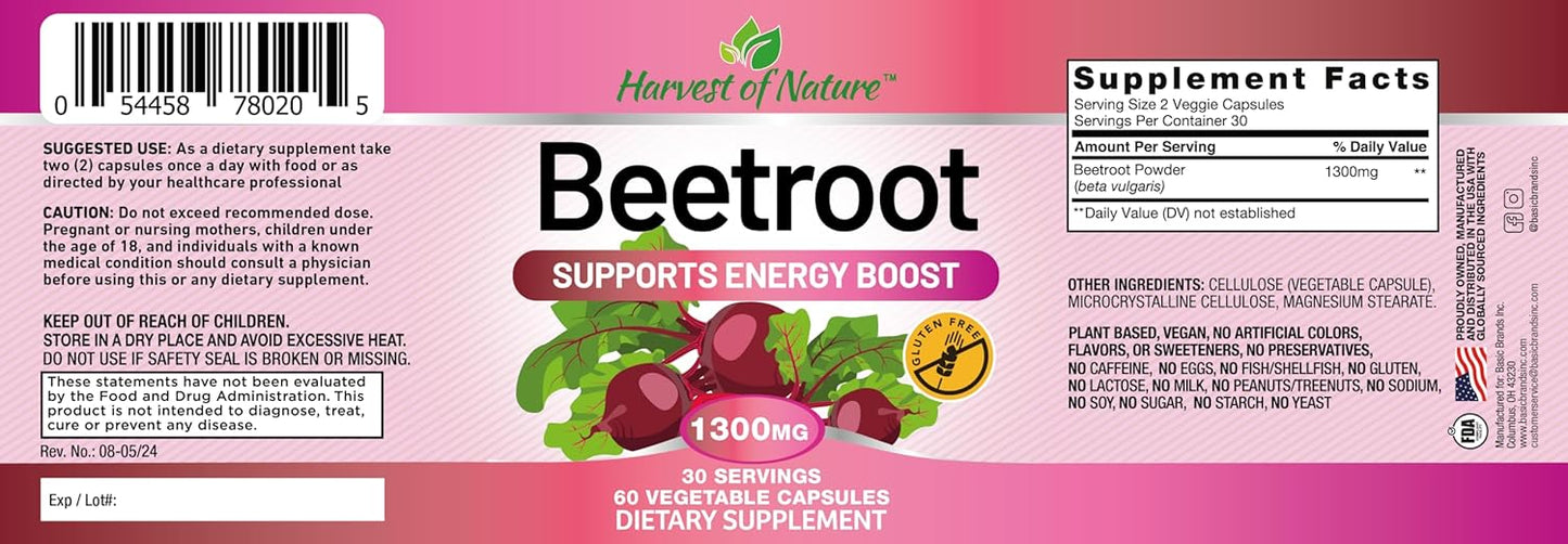Organic Beet Root Supplement - 1300 mg - Natural Harvest of Nature