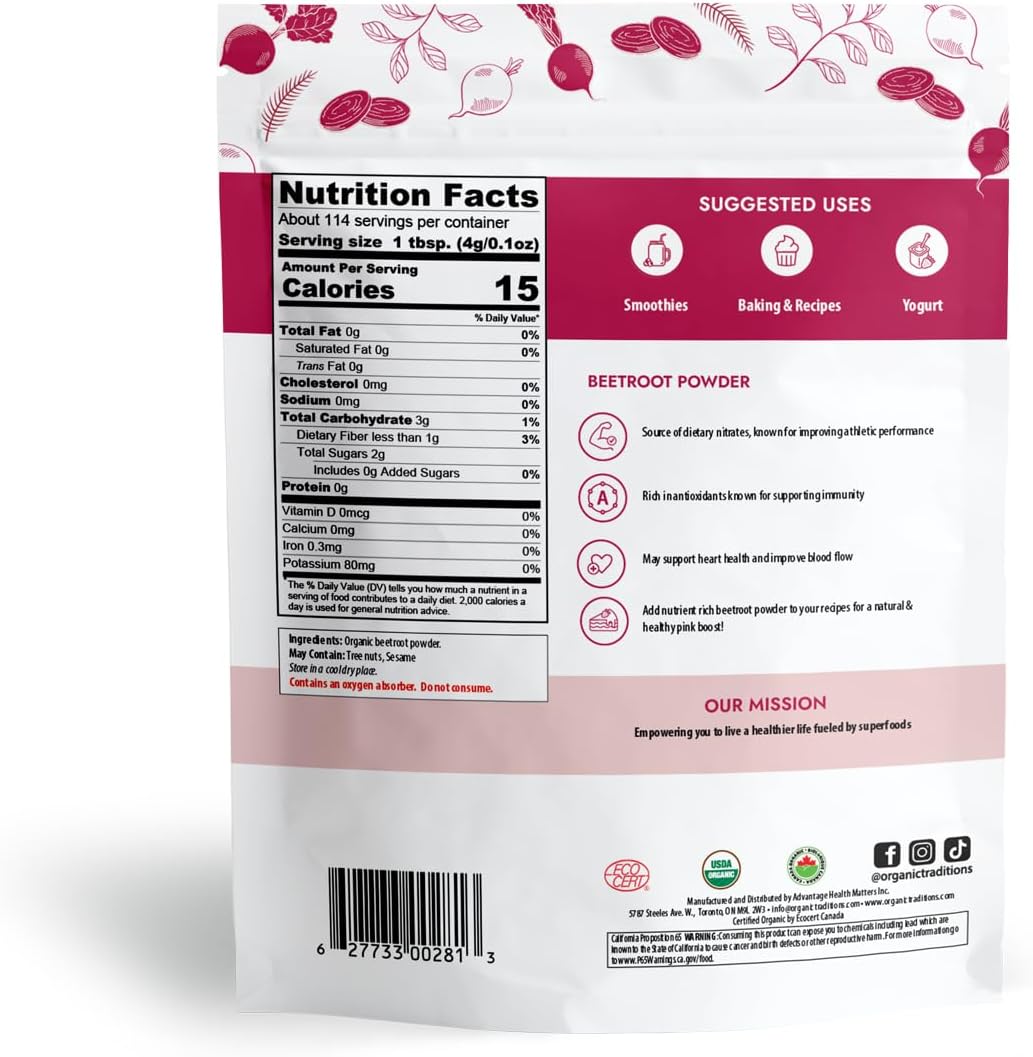 Organic Beetroot Powder - Vegan Non-GMO Superfood - 16oz Bag