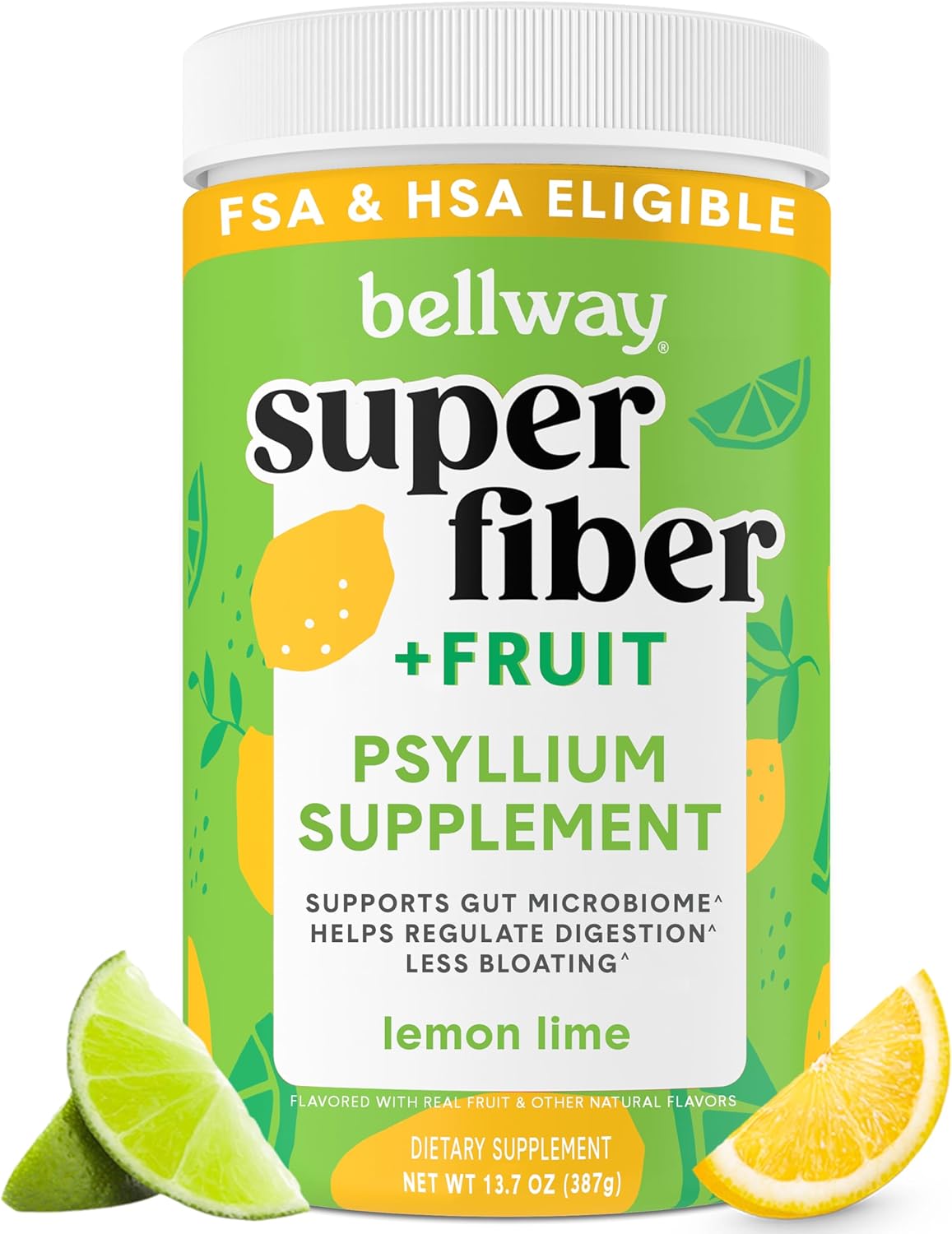 Organic Bellway Super Fiber Powder with Psyllium Husk & Fruit - Sugar Free, Non-GMO, Plant-Based Lemon Lime Supplement for Gut Health & Regularity