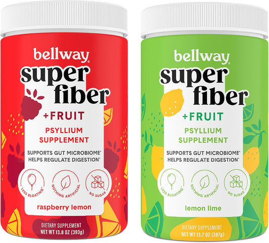 Organic Bellway Super Fiber Powder with Psyllium Husk for Regularity & Gut Health, Sugar-Free Fruit Infused, Non-GMO, Plant-Based Raspberry Lemon & Lemon Lime
