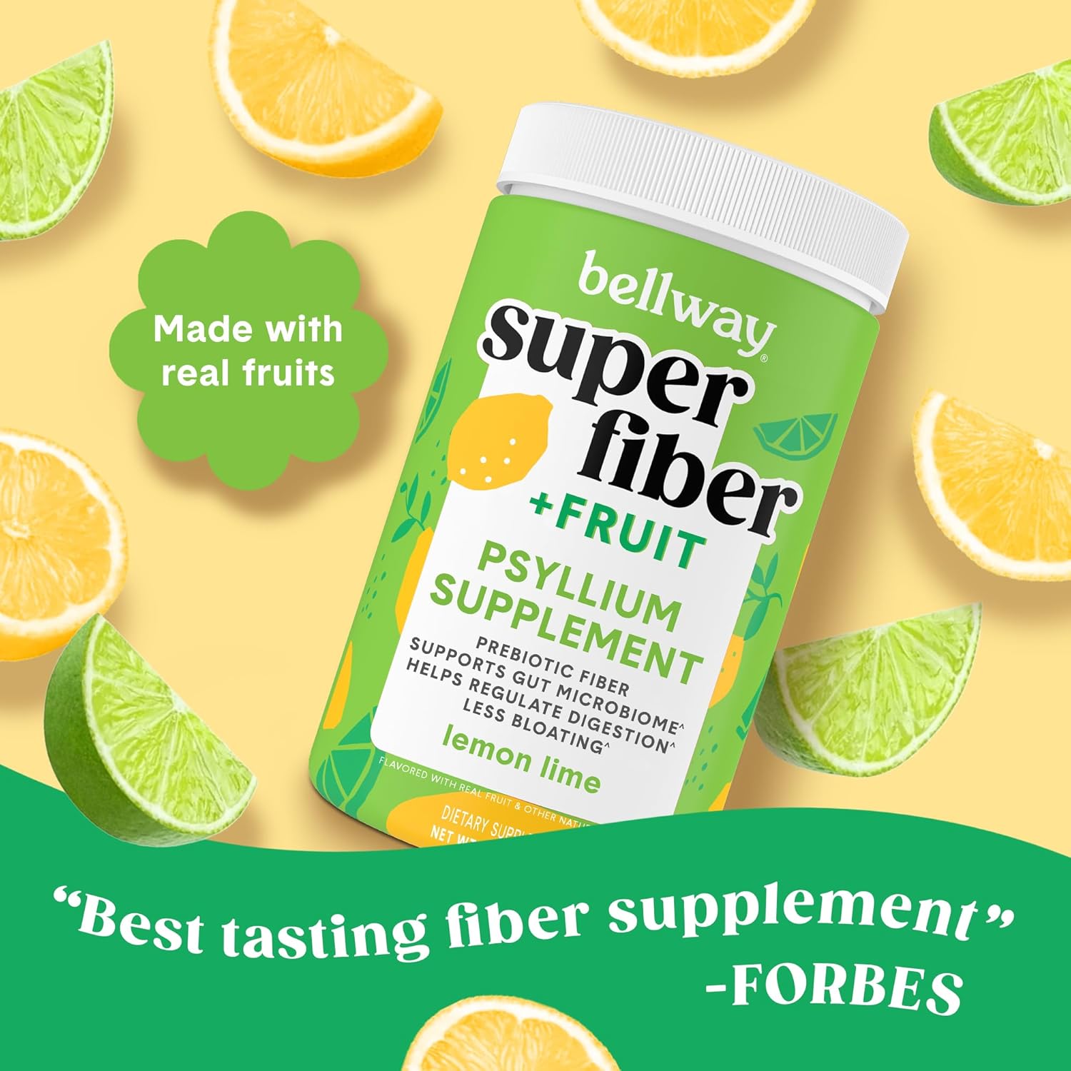 Organic Bellway Super Fiber Powder with Psyllium Husk & Fruit - Sugar Free, Non-GMO, Plant-Based Lemon Lime Supplement for Gut Health & Regularity