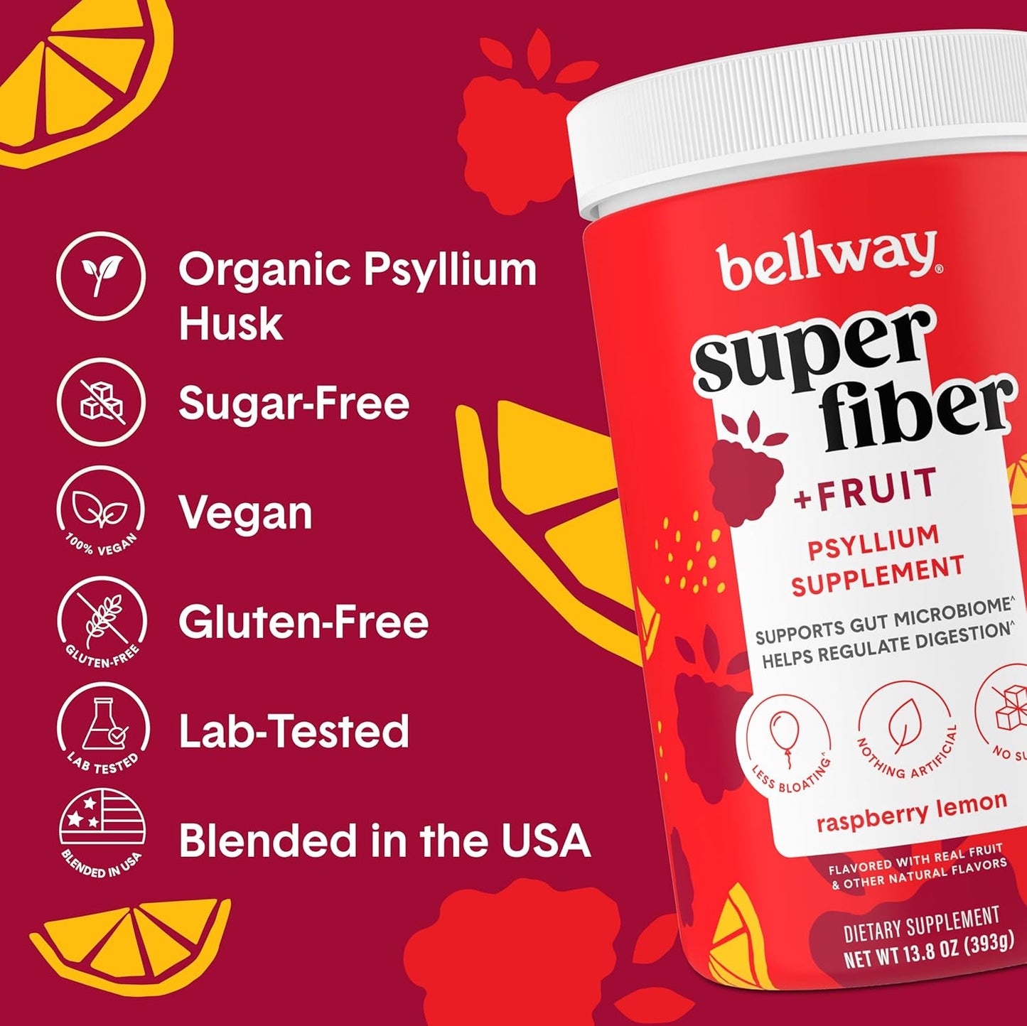 Organic Bellway Super Fiber Powder with Psyllium Husk for Gut Health - Sugar Free, Raspberry Lemon & Pineapple Passion Fruit Flavor