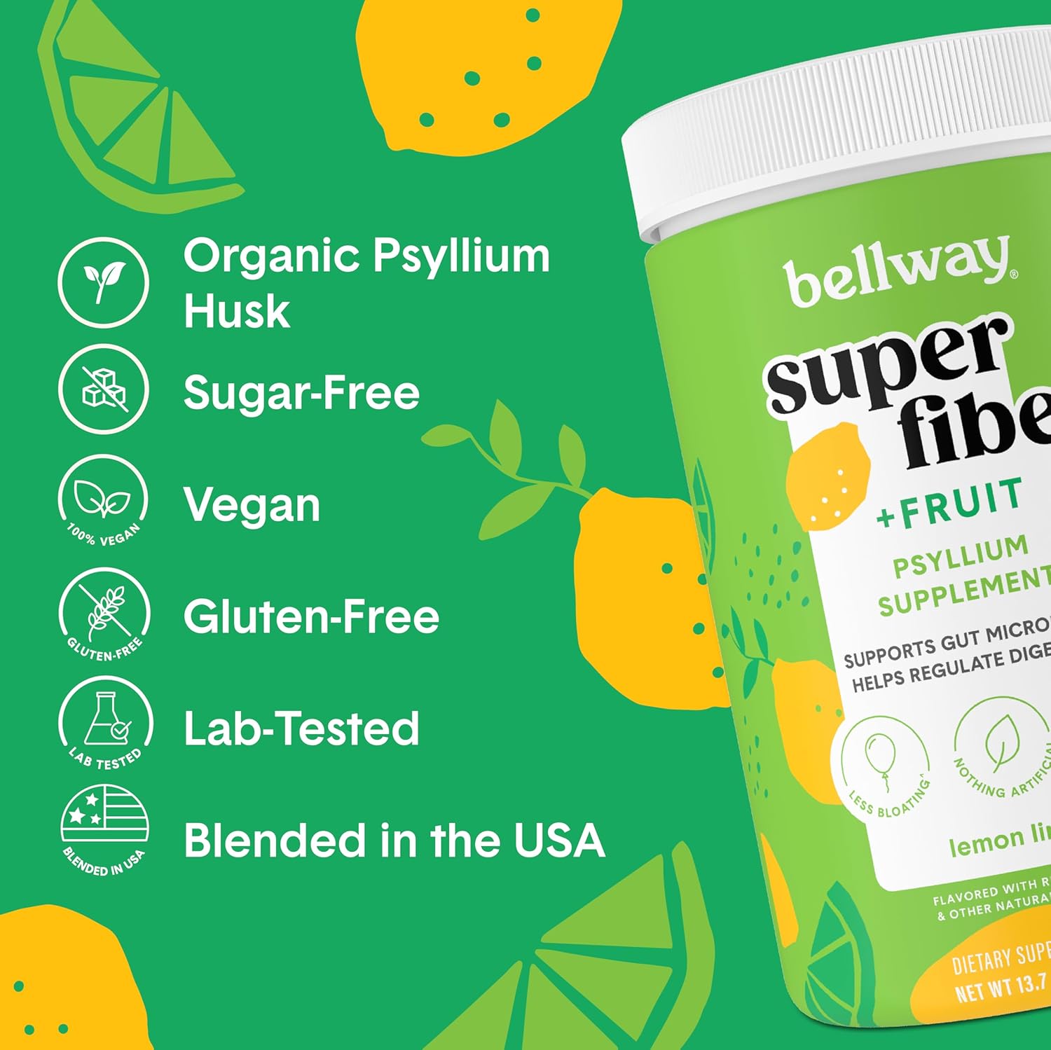 Organic Bellway Super Fiber Powder with Psyllium Husk for Regularity & Gut Health, Sugar-Free Fruit Infused, Non-GMO, Plant-Based Raspberry Lemon & Lemon Lime