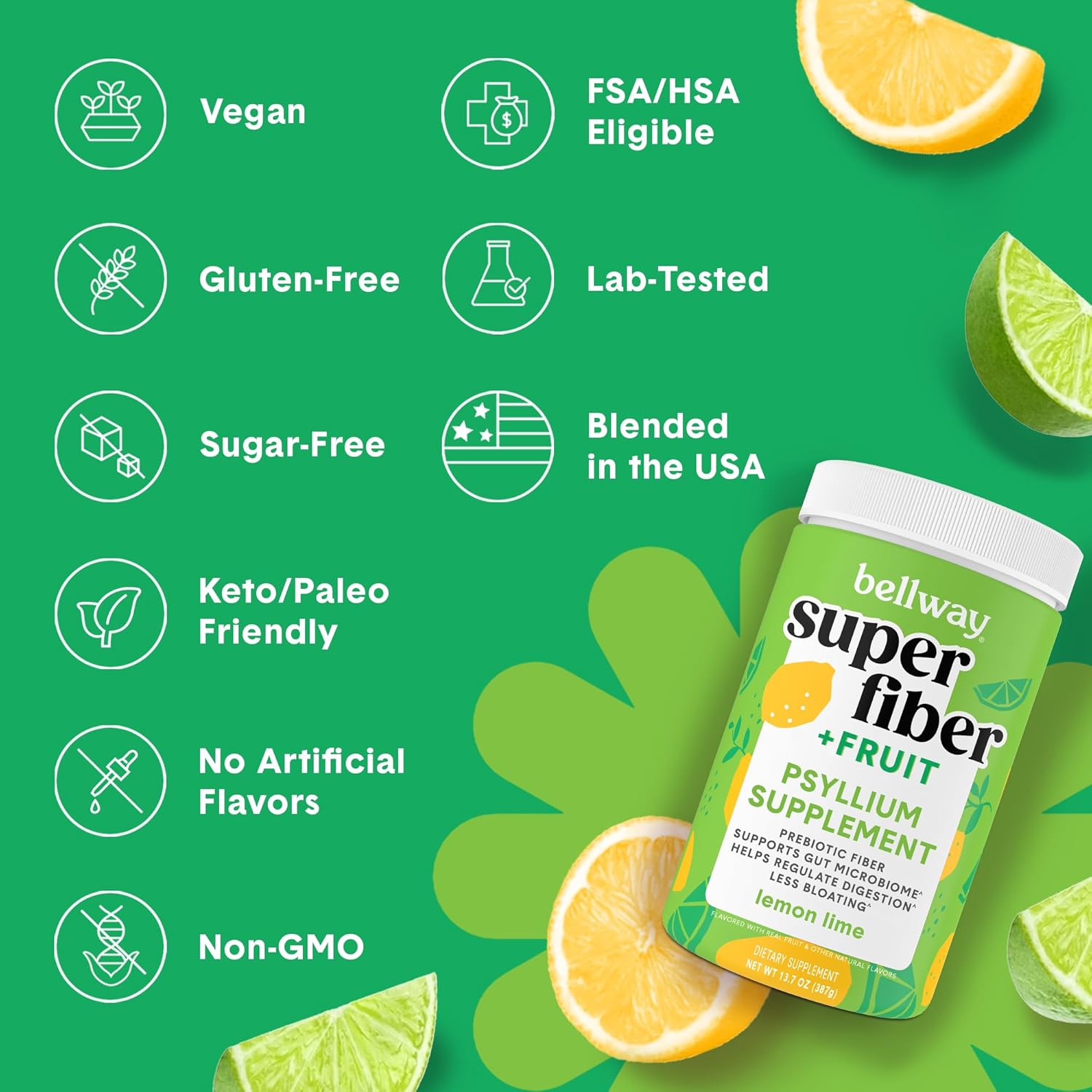 Organic Bellway Super Fiber Powder with Psyllium Husk & Fruit - Sugar Free, Non-GMO, Plant-Based Lemon Lime Supplement for Gut Health & Regularity