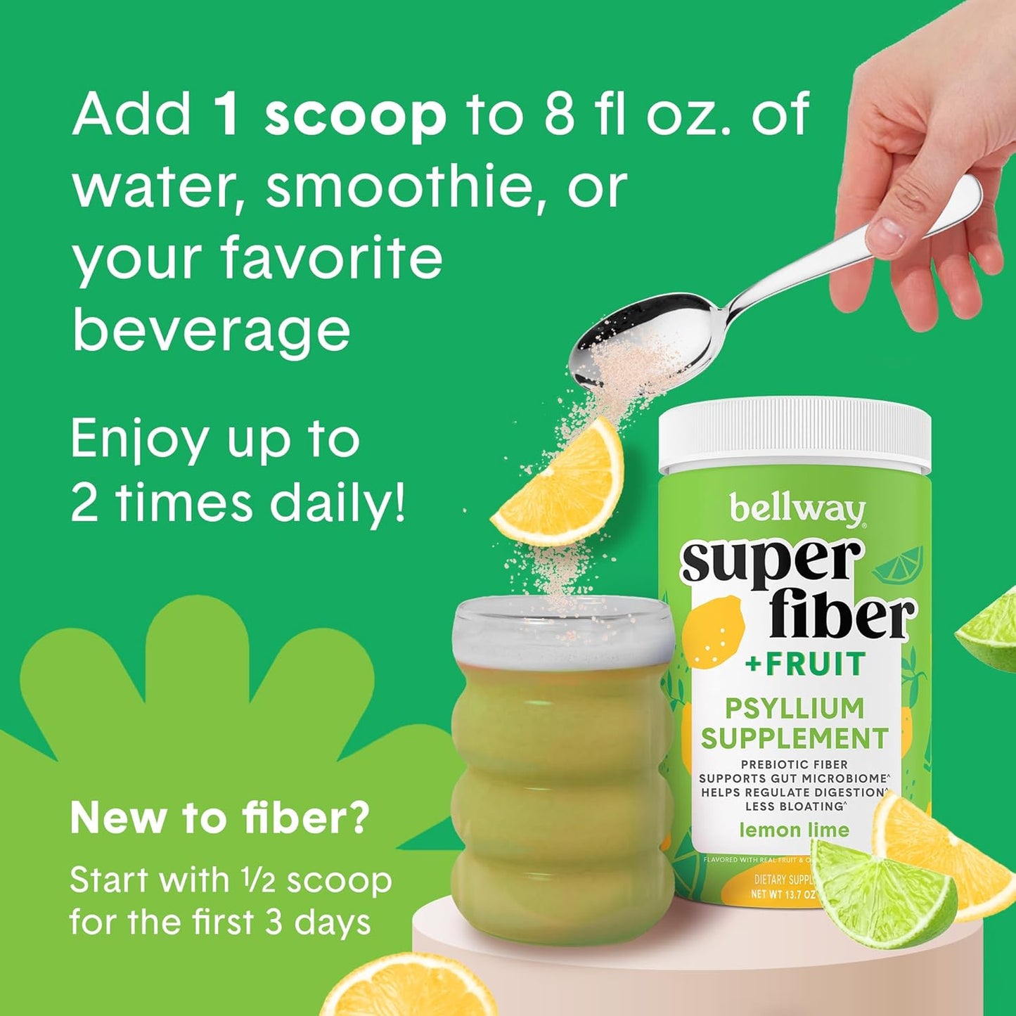 Organic Bellway Super Fiber Powder with Psyllium Husk & Fruit - Sugar Free, Non-GMO, Plant-Based Lemon Lime Supplement for Gut Health & Regularity