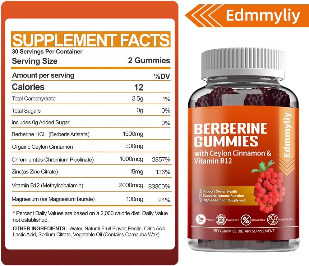 Organic Berberine Gummies with Ceylon Cinnamon - 1500mg Sugar-Free Supplement for Immune Support, Metabolism, and Energy - Men & Women's Health