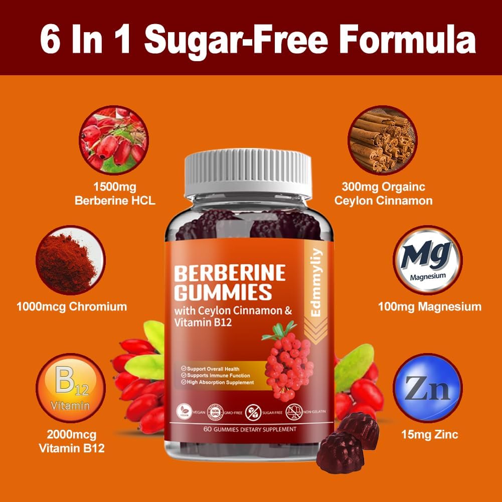 Organic Berberine Gummies with Ceylon Cinnamon - 1500mg Sugar-Free Supplement for Immune Support, Metabolism, and Energy - Men & Women's Health