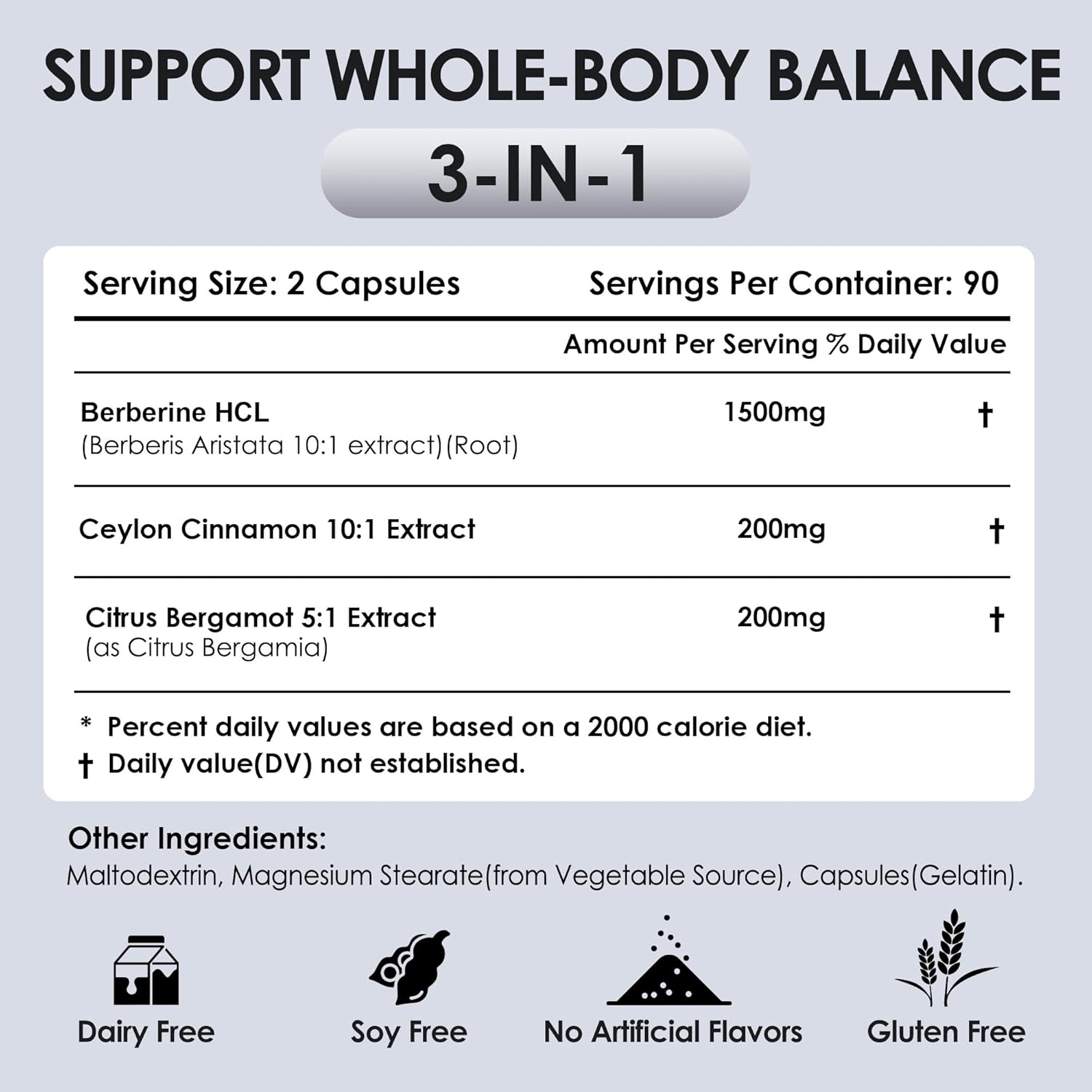 Organic Berberine Supplement 1500mg with Ceylon Cinnamon & Citrus Bergamot - Metabolic & Weight Support - 180 Capsules