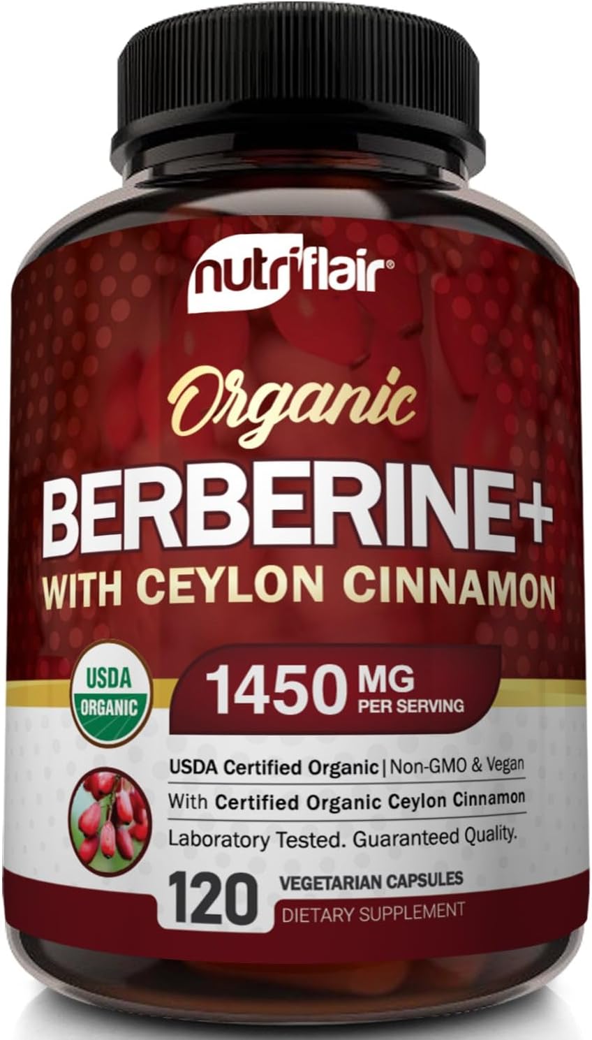 Organic Berberine with Ceylon Cinnamon Capsules - 1450mg, 120 Count by NutriFlair
