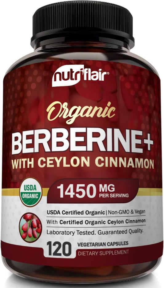 Organic Berberine with Ceylon Cinnamon Capsules - 1450mg, 120 Count by NutriFlair