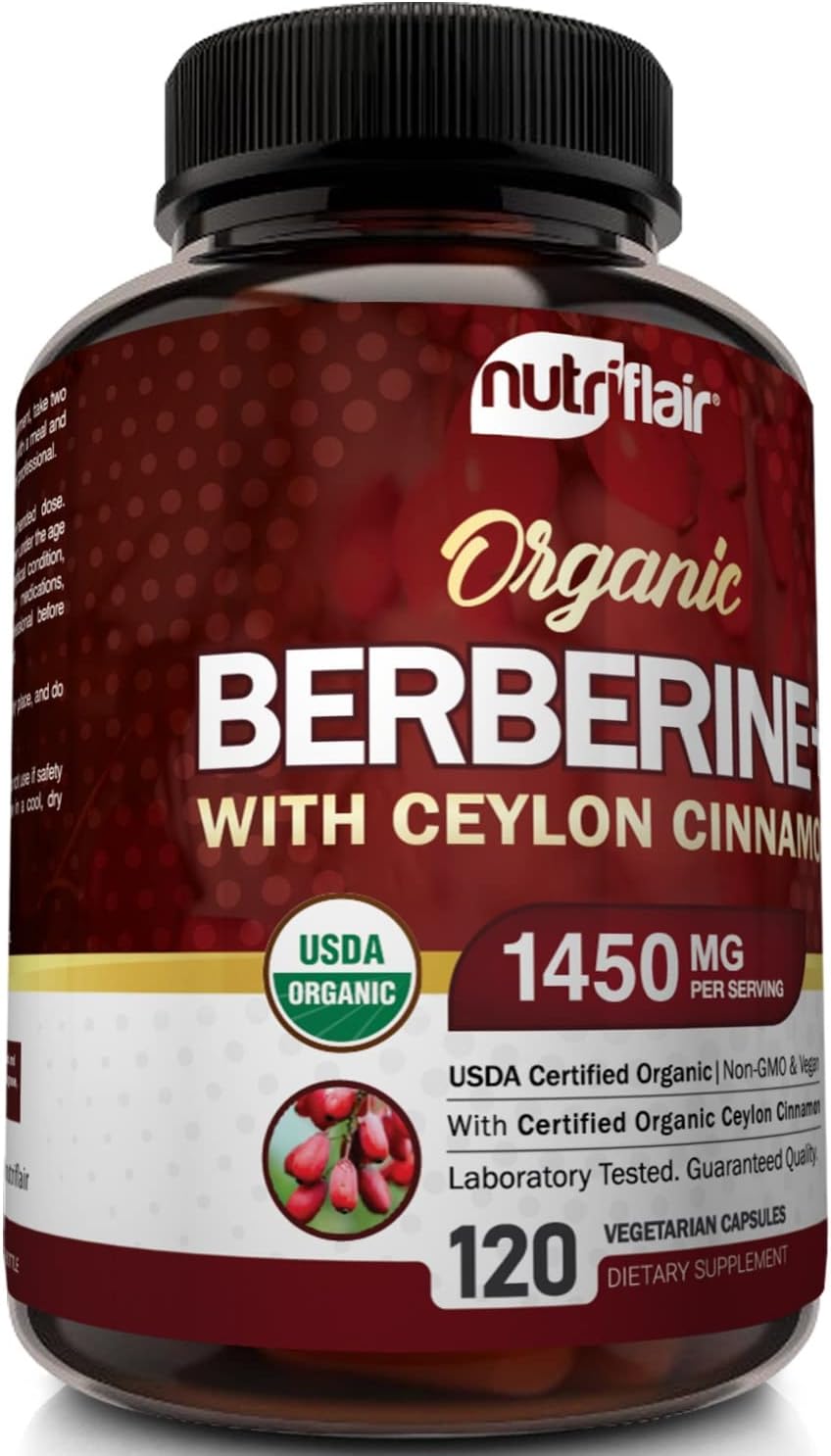 Organic Berberine with Ceylon Cinnamon Capsules - 1450mg, 120 Count by NutriFlair
