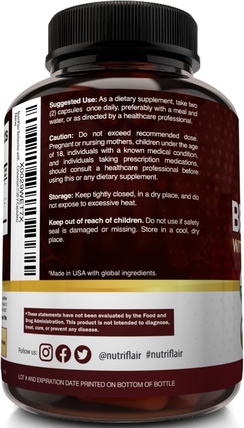 Organic Berberine with Ceylon Cinnamon Capsules - 1450mg, 120 Count by NutriFlair